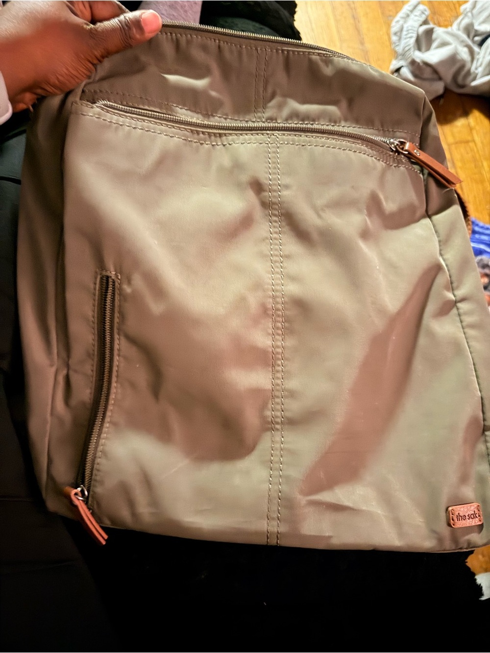 The Sak Taupe Nylon Backpack with Leather Accents